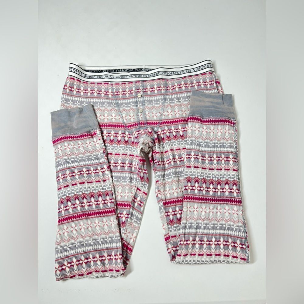 VICTORIA'S SECRET GRAY/FUCHSIA/WHITE WAFFLE KNIT PAJAMA Leggings Thermal Size M